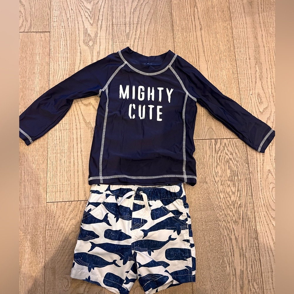 Carters 24 month swim shorts and long sleeve swim shirt with whales blue white